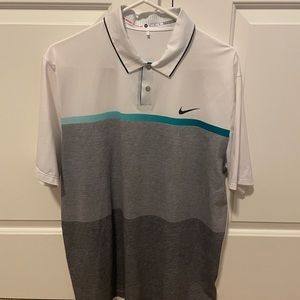 Nike tiger woods golf polo short sleeve, dri fit, size medium. White/grey/green